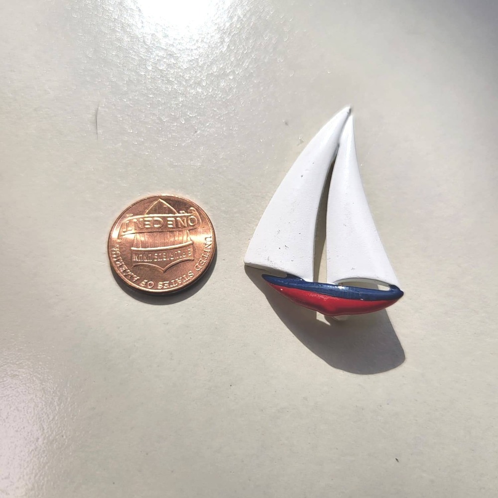 Vintage Sailboat Brooch Pin White Red Blue Nautical Enamel Metal
